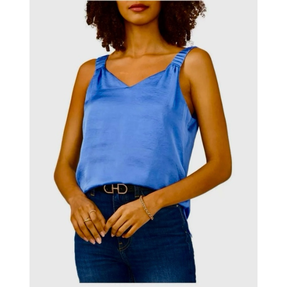 Pretty Vince Camuto cobalt blue blouse gathered spaghetti straps & slit sides,